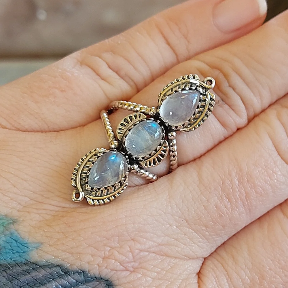 Triple Moonstone Solid Sterling Silver Ring